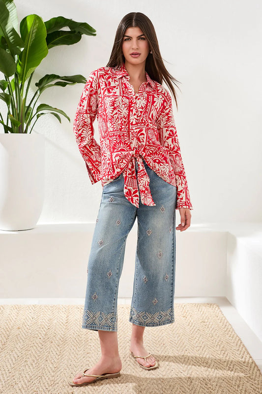 TRIBAL PRINT BLOUSE WITH TIE FRONT - SANGRIA - Vi-Leen's Fashions