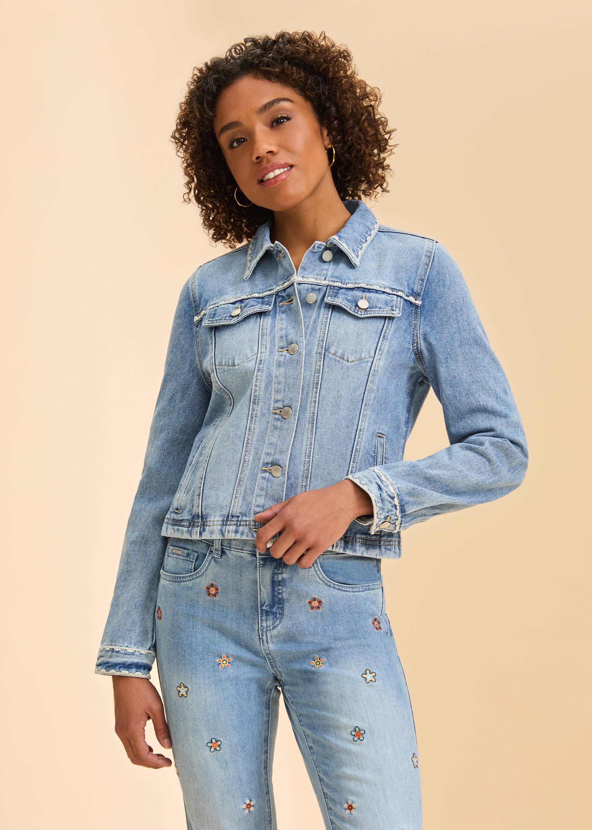 FDJ EMBROIDERED DENIM JACKET - PALE WASH - Vi-Leen's Fashions