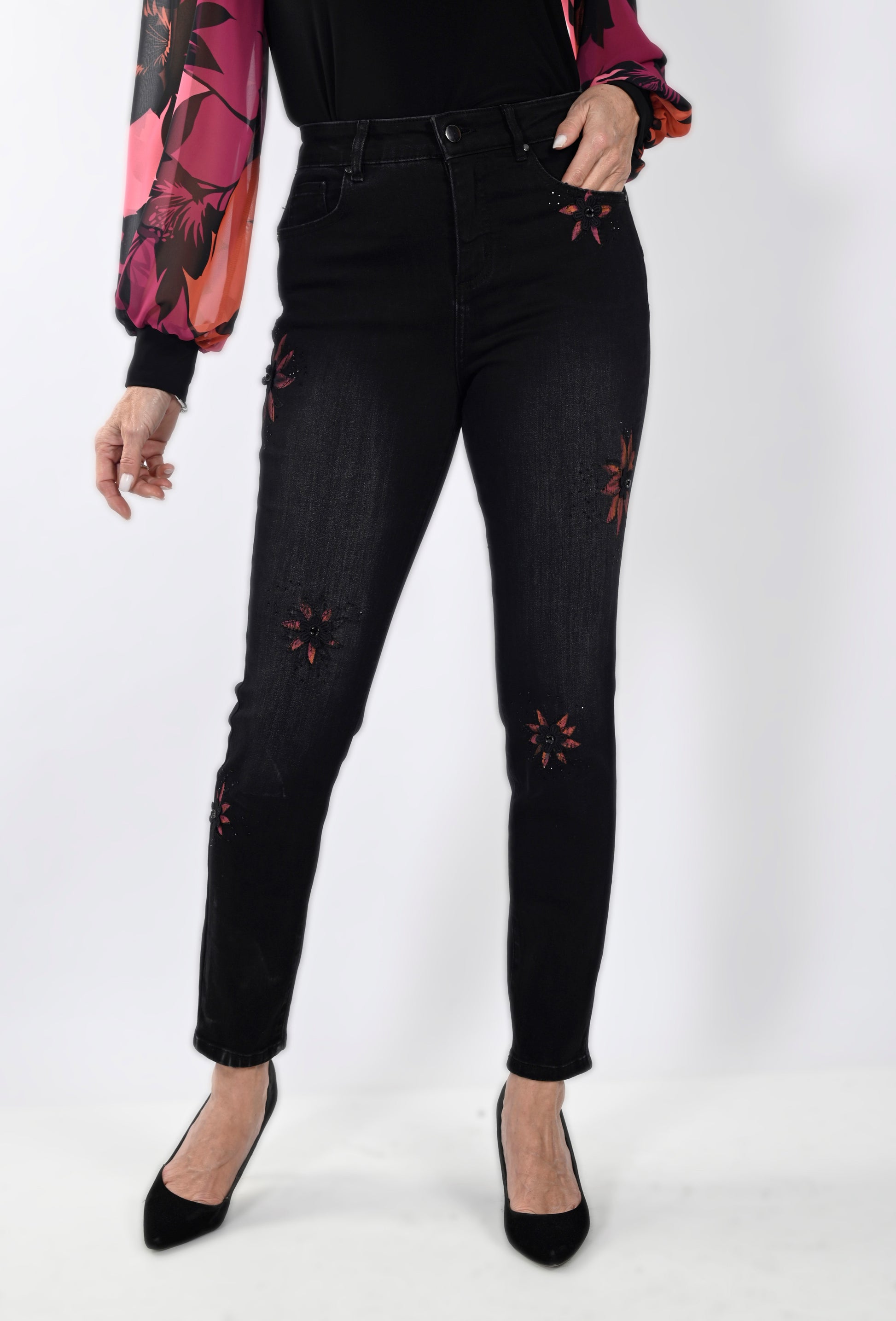 FRANK LYMAN EMBROIDERED FLOWER JEAN - BLACK - Vi-Leen's Fashions