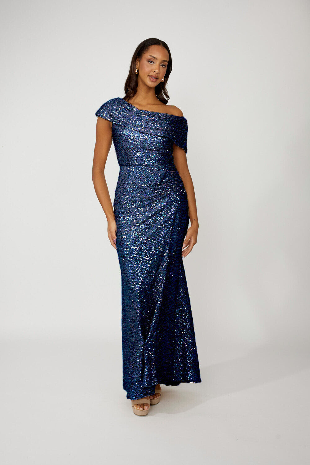 FRANK LYMAN OFF SHOULDER SEQUINS DRESS - NAVY