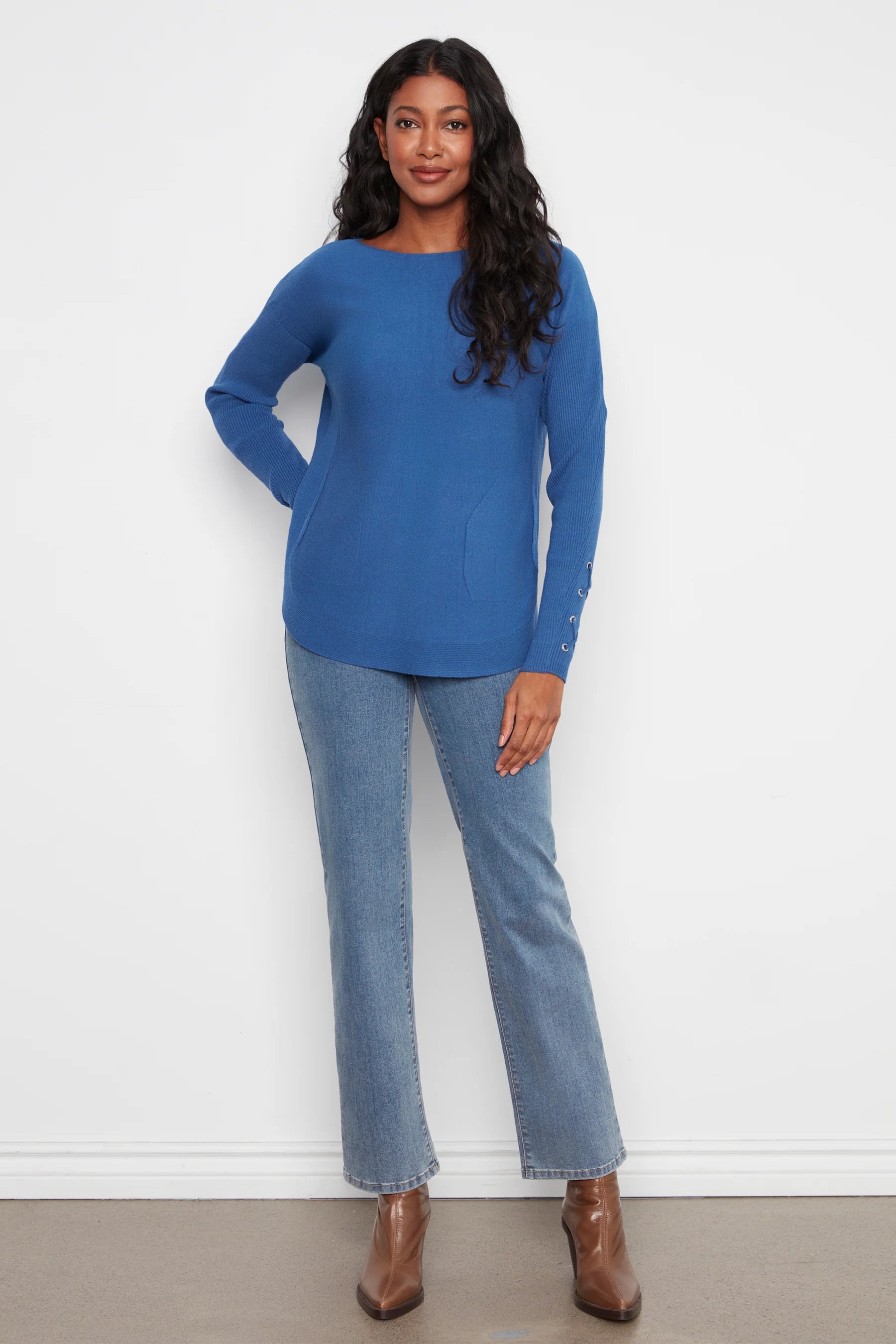 CHARLIE B ROUNDED HEM BOAT NECK SWEATER - COBALT - Vi-Leen's Fashions