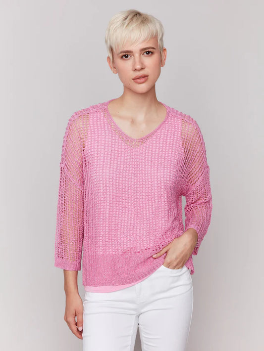 CHARLIE B FISHNET CROCHET SWEATER - BEGONIA