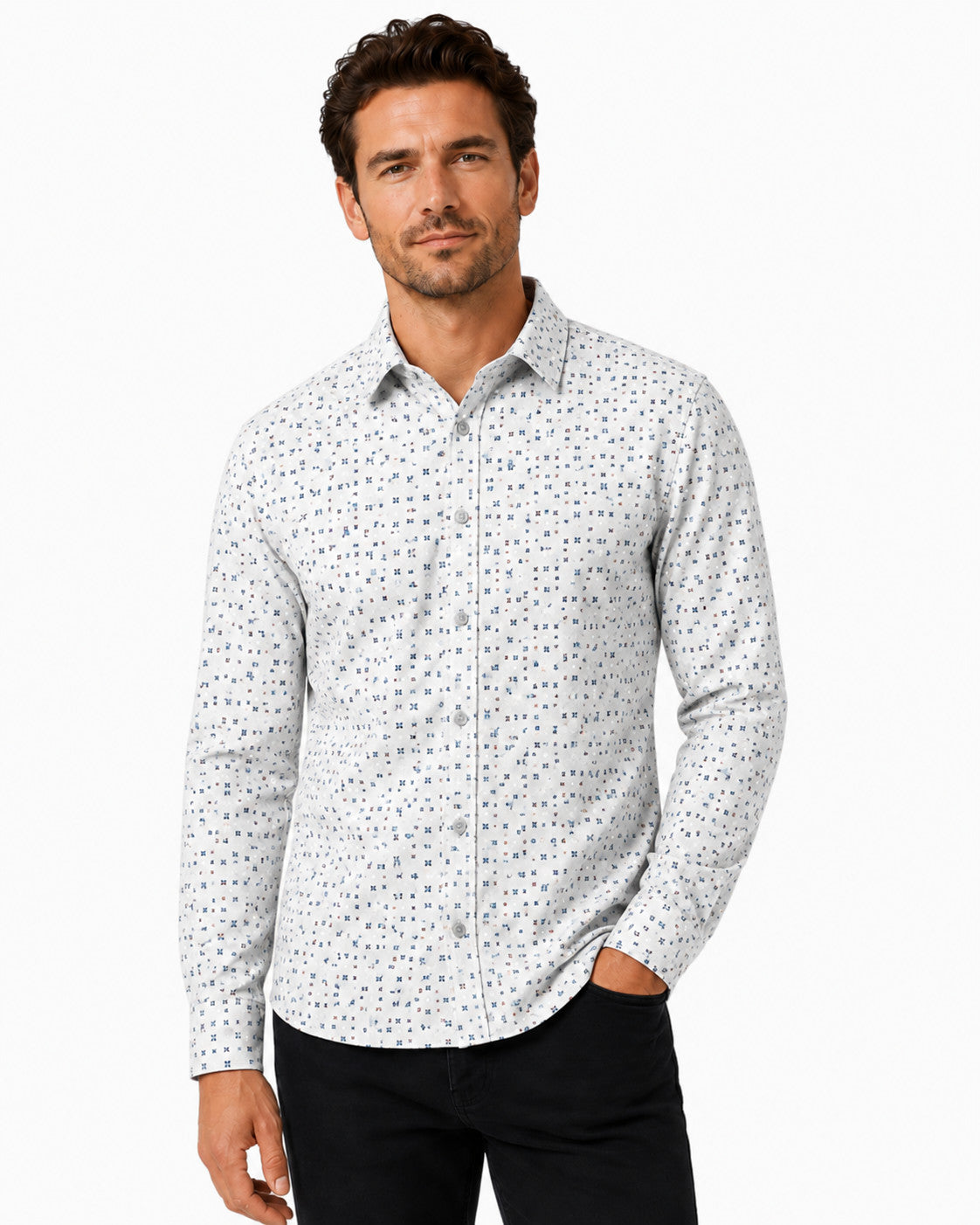 MEN'S POINT ZERO POLY/COTTON LUXURY PRINT SHIRT - OPTIC WHITE - Vi-Leen's Fashions