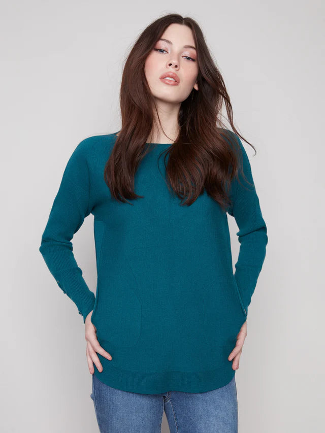 CHARLIE B ROUND HEM LACE DETAIL SLEEVE SWEATER - EVERGREEN