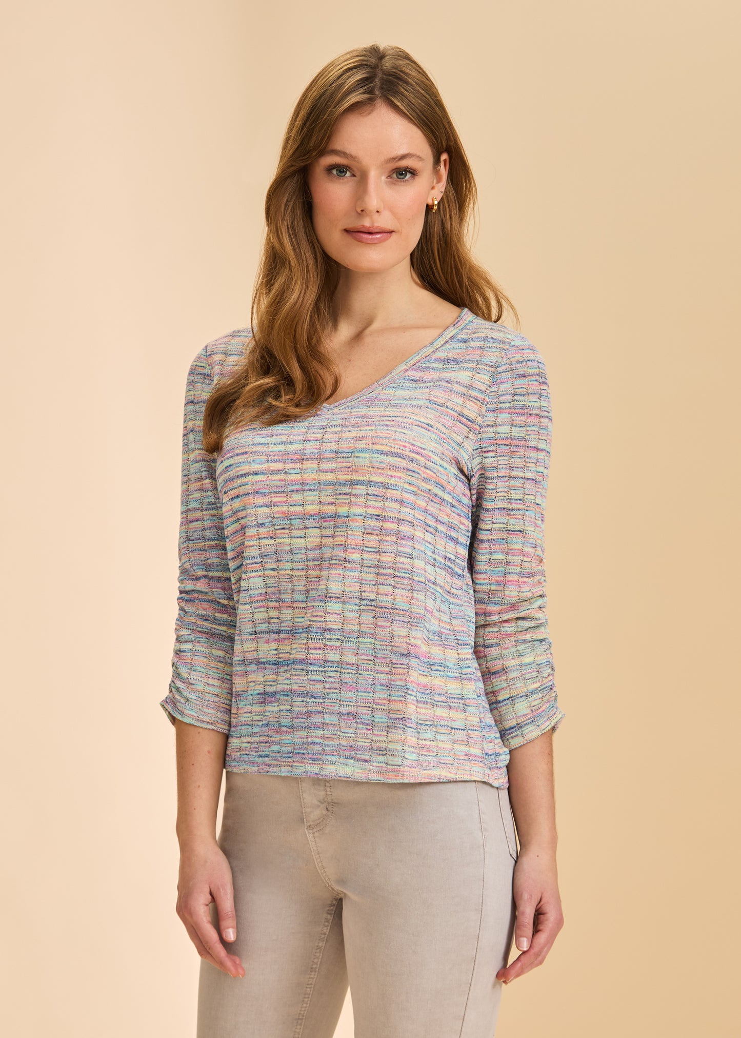 FDJ PRINT RUCHED SLEEVE TOP - RAINBOW SPACEDYE - Vi-Leen's Fashions