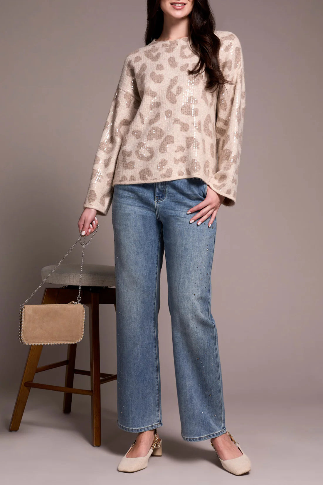 TRIBAL CREW NECK SWEATER WITH SEQUINS - SANDSTONE