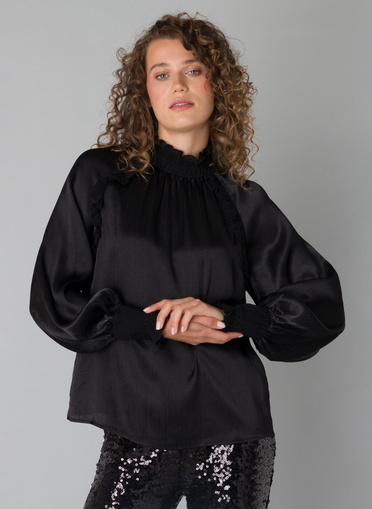 YEST PALMA RUFFLED NECKLINE TOP - BLACK - Vi-Leen's Fashions