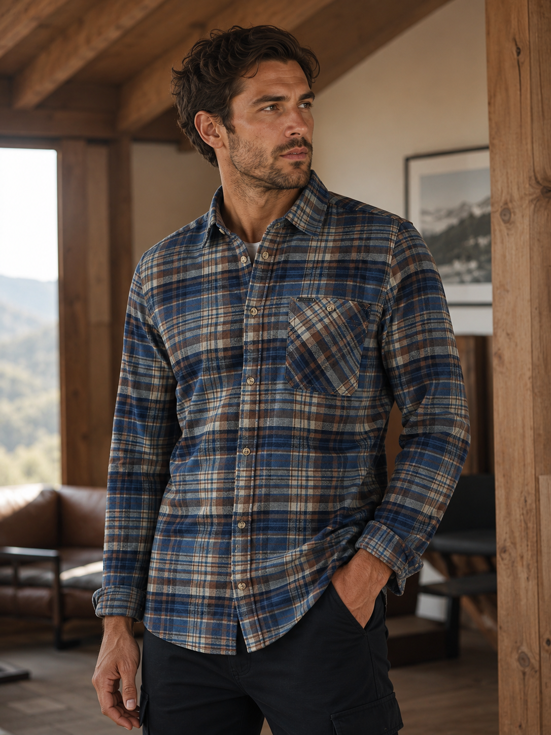 MEN'S POINT ZERO CHECK COTTON SHIRT - NAVAL