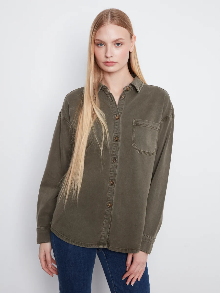 CHARLIE B SOFT TWILL LONG SLEEVE OVERSHIRT - MOSS - Vi-Leen's Fashions