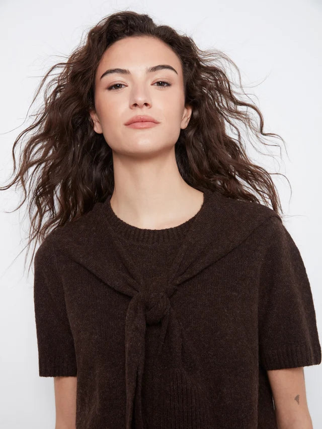 CHARLIE B SHORT SLEEVE SWEATER WITH SLEEVE DETAIL - COFFEE