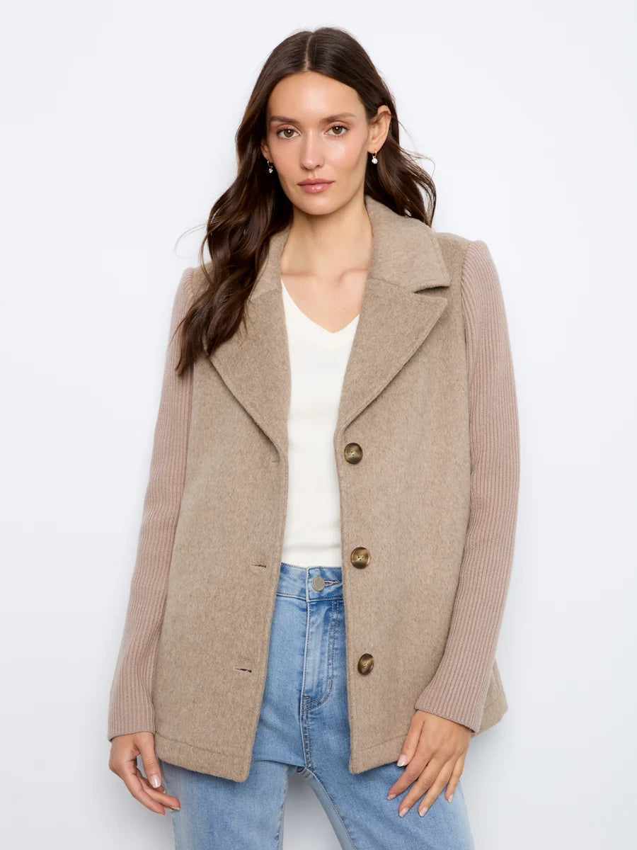 CHARLIE B JACKET WITH RIB SLEEVE - HEATHER TAUPE