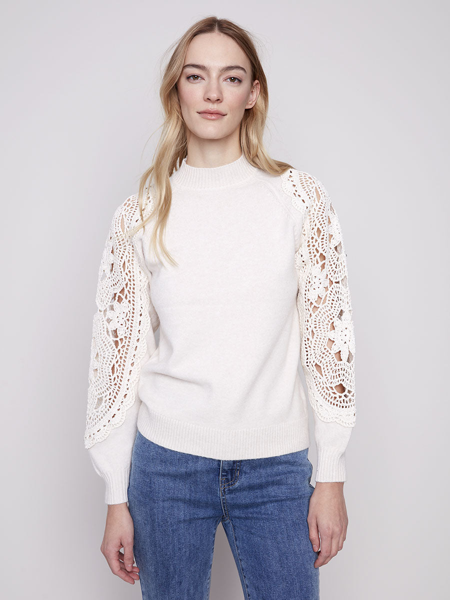 CHARLIE B CROCHET SLEEVE MOCK NECK SWEATER - ECRU