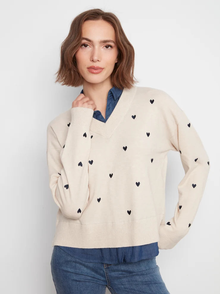 CHARLIE B SWEATER WITH SHIRT COLLAR - HEATHER OAT