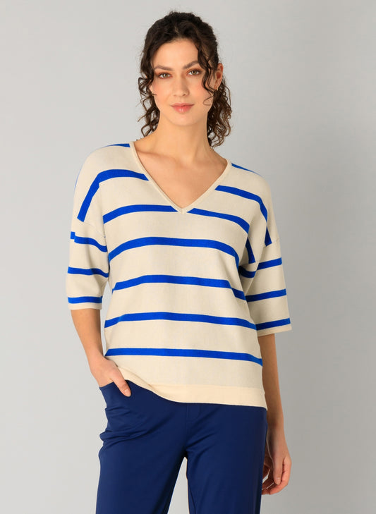 YEST RAINE STRIPE V-NECK TOP - BEIGE/COBALT