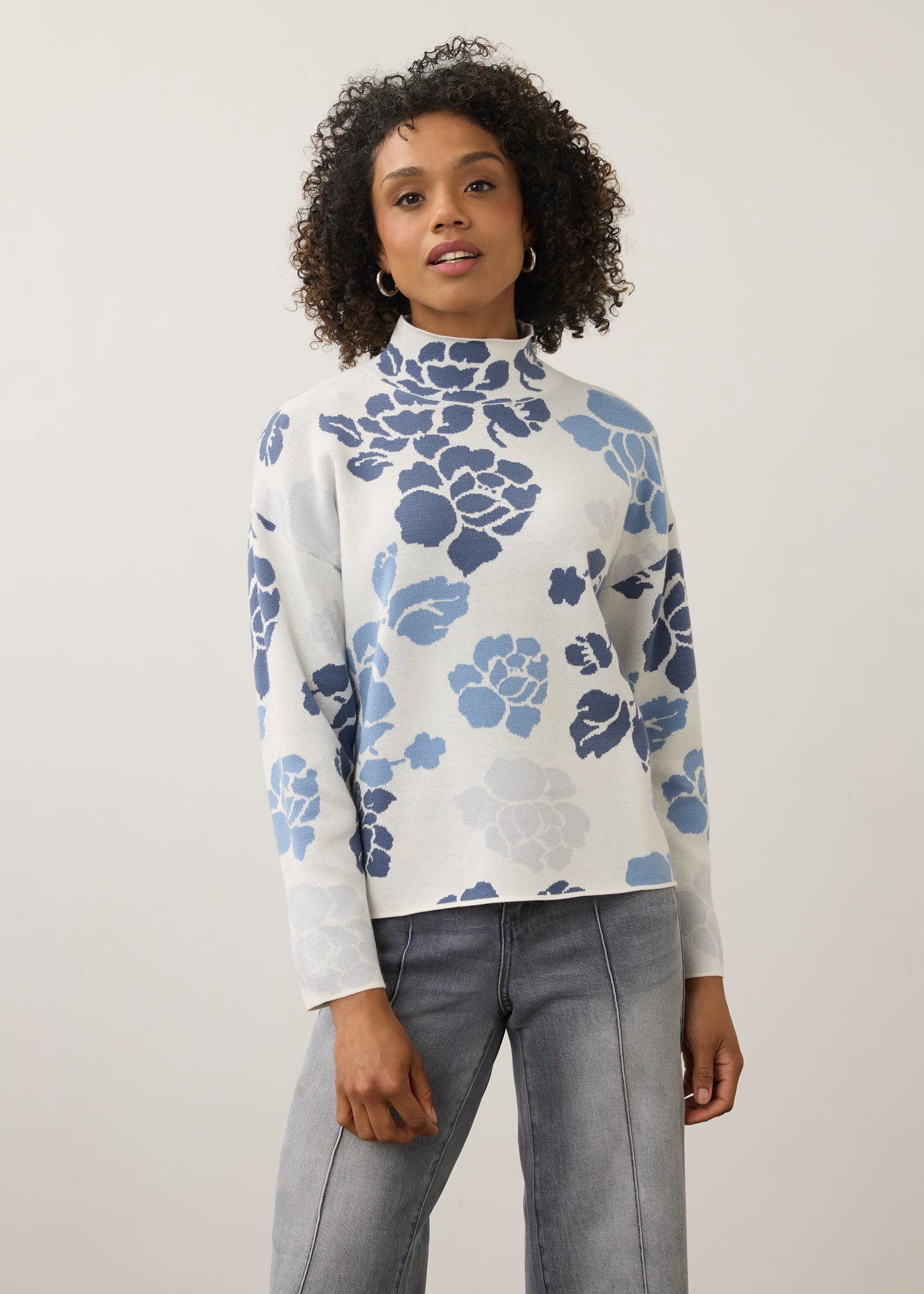 FDJ MOCK NECK LOOSE FIT SWEATER - INDIGO FLORAL