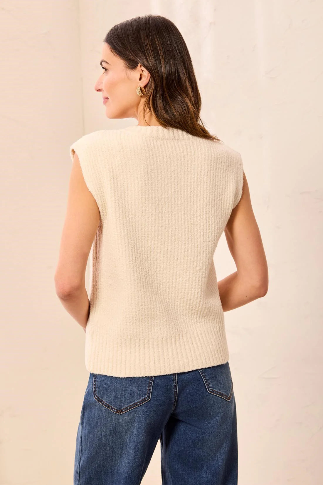 TRIBAL SPLIT NECK SWEATER VEST - CREAM