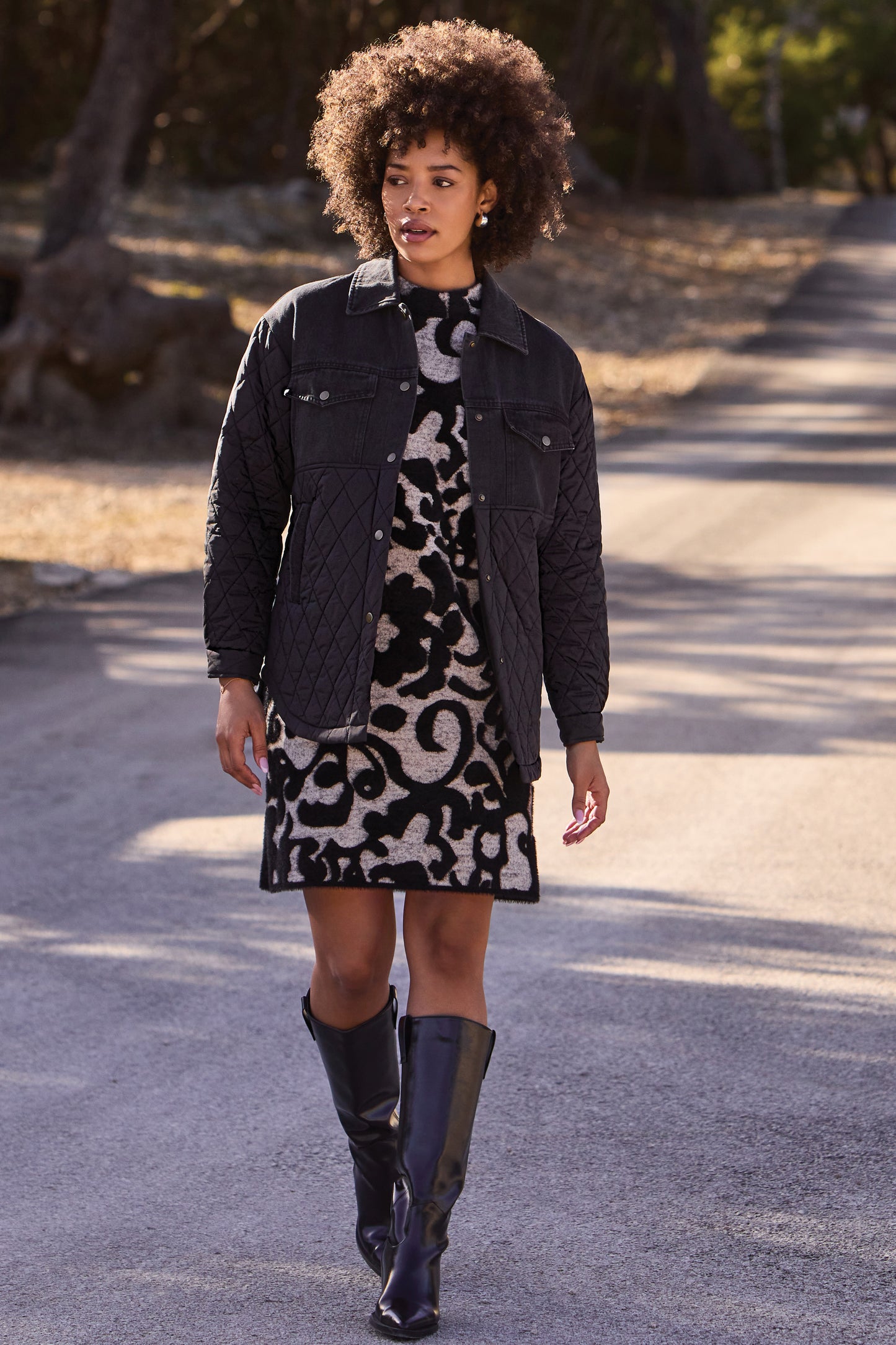 TRIBAL MIX MEDIA DENIM QUILTED JACKET - BLACK