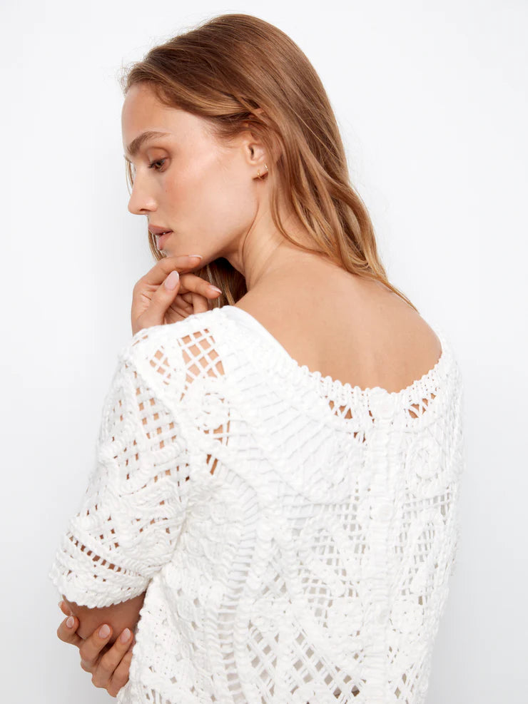 CHARLIE B CROCHET SWEATER WITH BUTTONS AT BACK - WHITE - Vi-Leen's Fashions