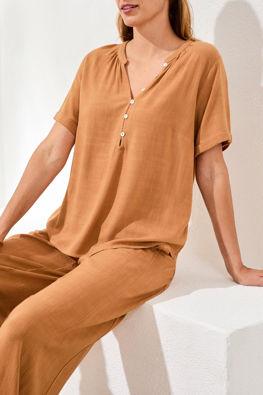 TRIBAL SHORT SLEEVE BLOUSE - CHESTNUT - Vi-Leen's Fashions