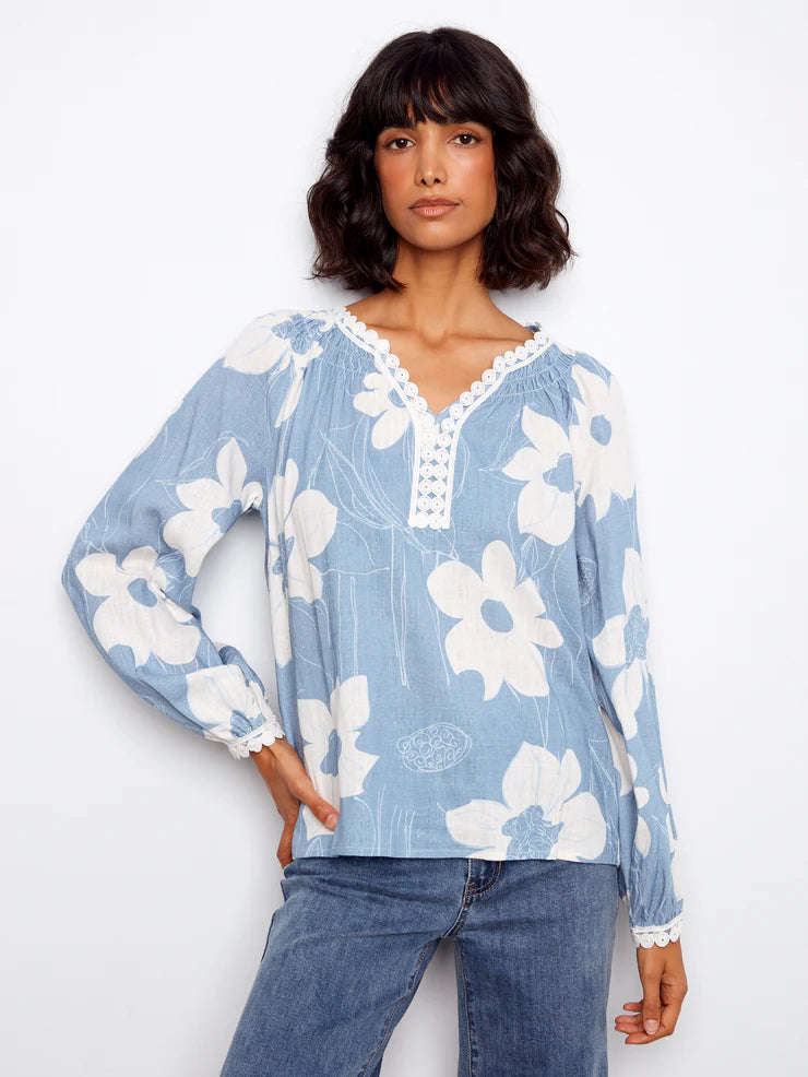 CHARLIE B PRINTED LONG SLEEVE BLOUSE - WATERLILY - Vi-Leen's Fashions