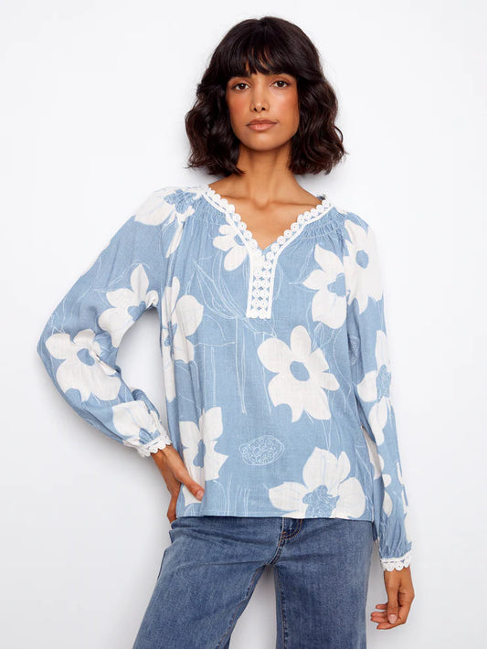 CHARLIE B PRINTED LONG SLEEVE BLOUSE - WATERLILY - Vi-Leen's Fashions