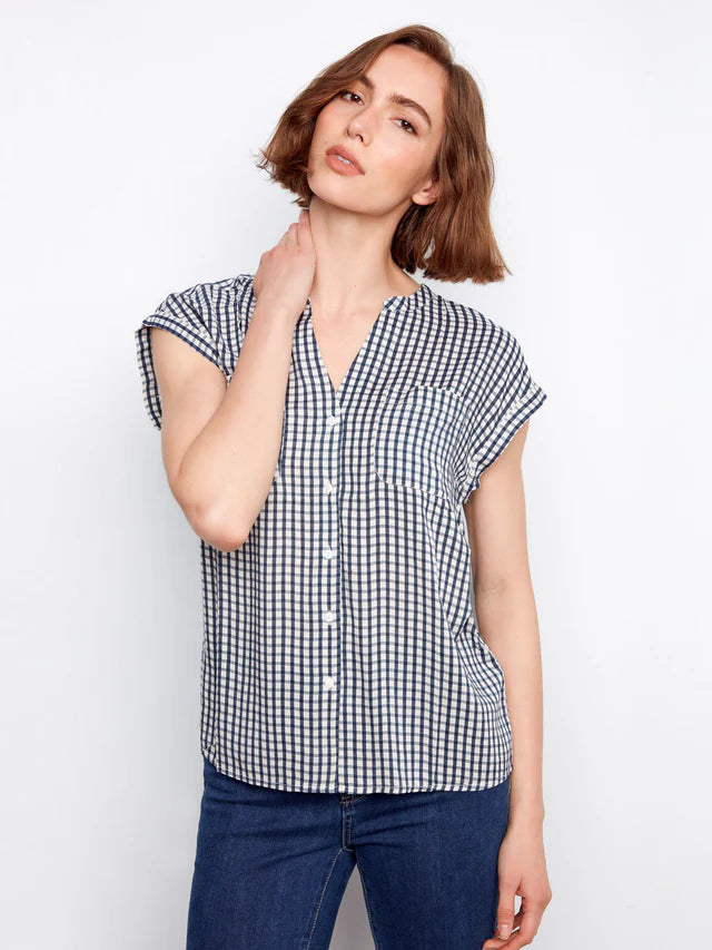 CHARLIE B GIGNAM SHORT SLEEVE BLOUSE - NAVY - Vi-Leen's Fashions