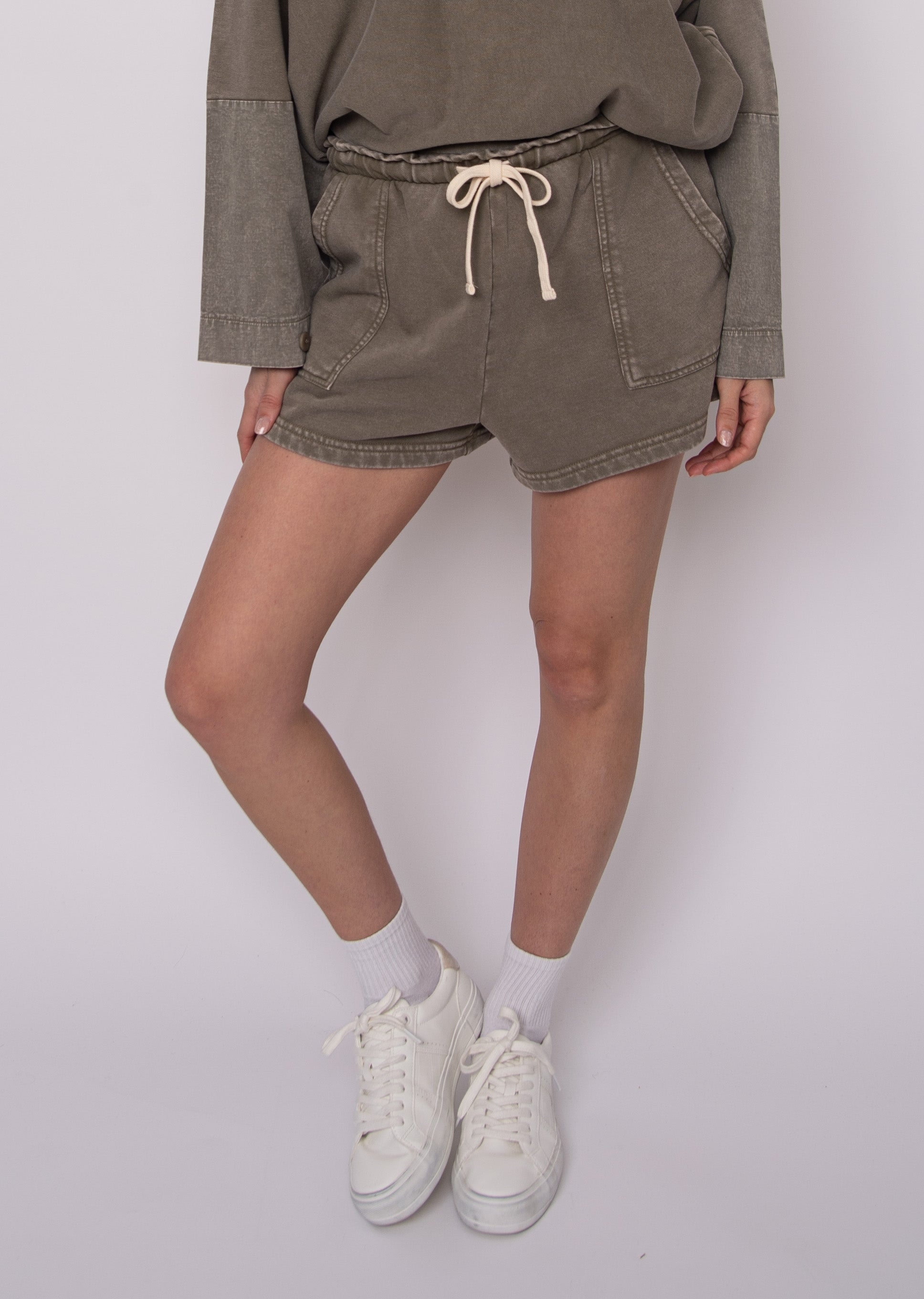 RD STYLE CECILE FRENCH TERRY SHORT - OLIVE - Vi-Leen's Fashions
