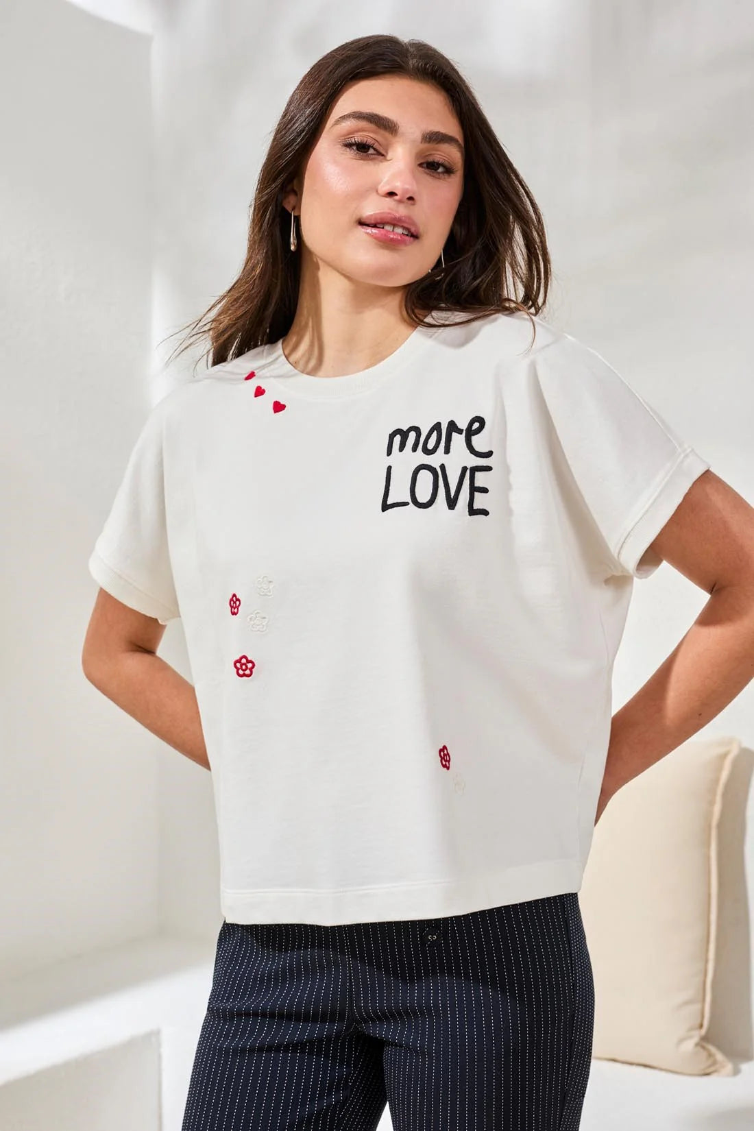 TRIBAL EMBROIDERED DETAIL CREW NECK TOP - WHITE - Vi-Leen's Fashions