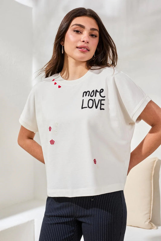 TRIBAL EMBROIDERED DETAIL CREW NECK TOP - WHITE - Vi-Leen's Fashions