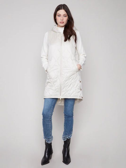CHARLIE B PEARLIZED PUFFER LONG VEST - CHAMPAGNE
