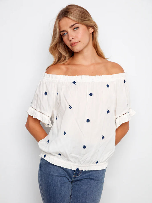 CHARLIE B EMBROIDERED BLOUSE - WHITE/NAVY - Vi-Leen's Fashions