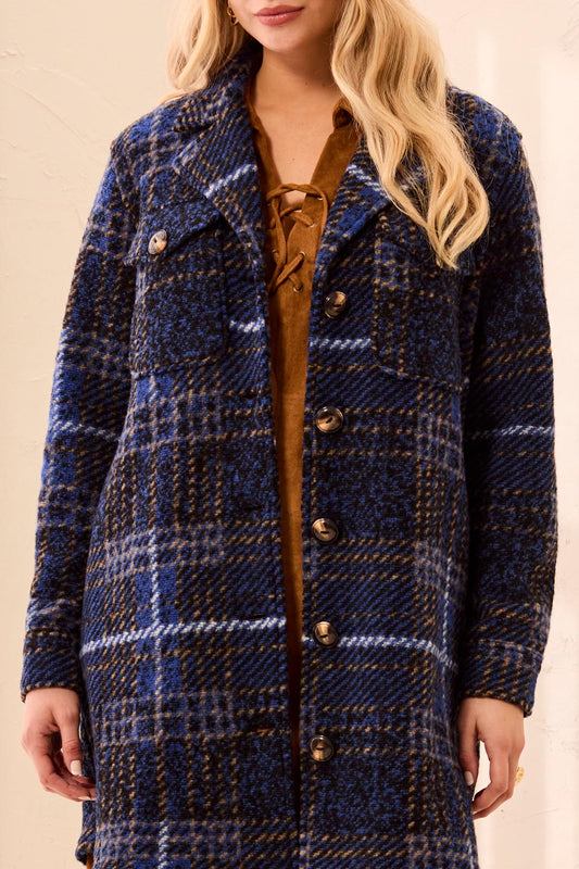 TRIBAL PLAID NOTCH COLLAR SHACKET