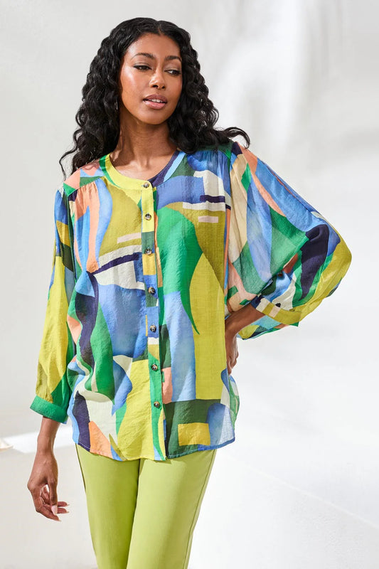 TRIBAL FLOWY DOLMAN SLEEVE BLOUSE - MOJITO