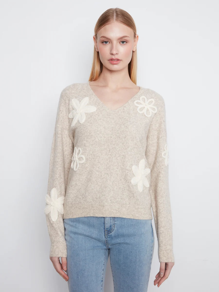 CHARLIE B V-NECK SWEATER WITH FLOWER APPLIQUE - ALMOND