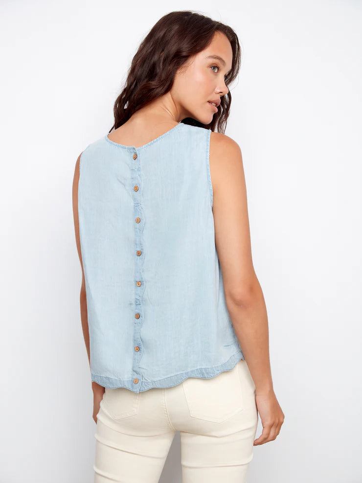 CHARLIE B SCALLOP HEM TOP WITH BACK DECORATIVE BUTTONS - LIGHT BLUE - Vi-Leen's Fashions
