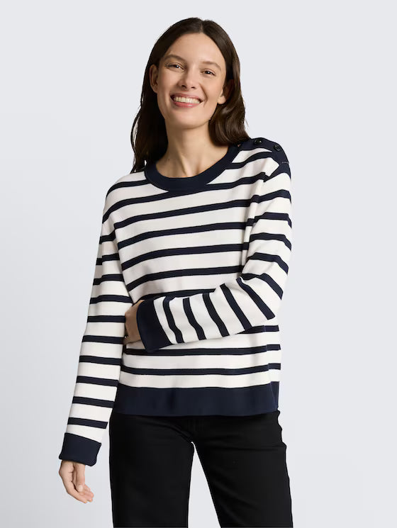 TOM TAILOR MILANO SWEATER WITH BUTTONS - NAVY/WHITE - Vi-Leen's Fashions
