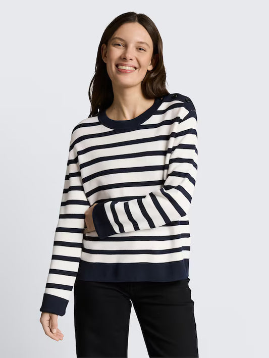 TOM TAILOR MILANO SWEATER WITH BUTTONS - NAVY/WHITE - Vi-Leen's Fashions
