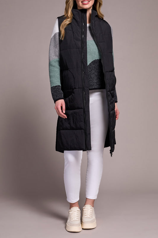 TRIBAL LONG QUILTED VEST - BLACK