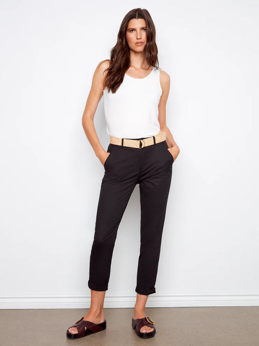 CHARLIE B STRETCH TWILL PANT WITH BELT - BLACK - Vi-Leen's Fashions
