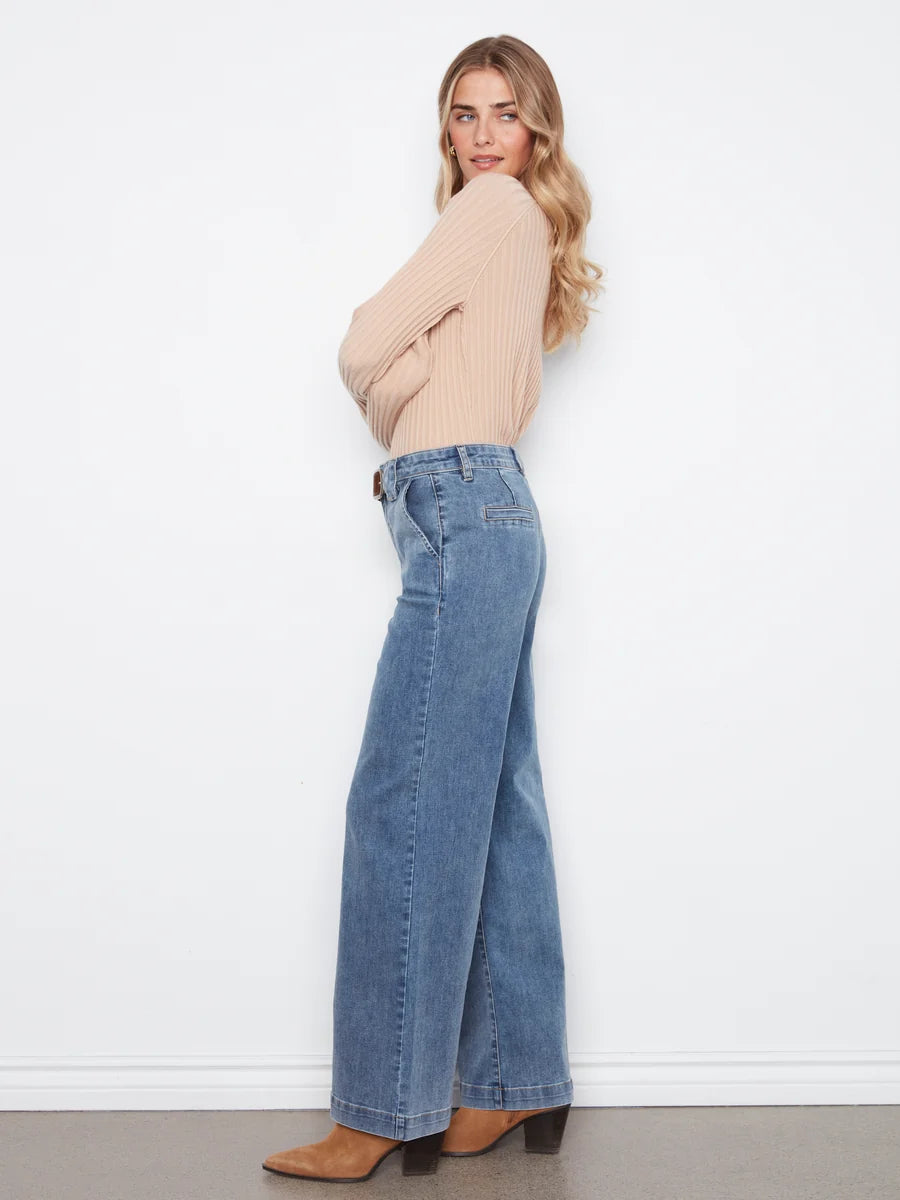 CHARLIE B FLARE LEG JEAN WITH ATTACHED BELT - MEDIUM BLUE - Vi-Leen's Fashions