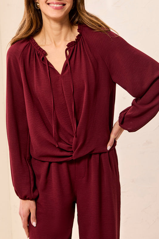 TRIBAL RAGLAN SLEEVE BLOUSE WITH FRONT KNOT - CHERRY LACQUER