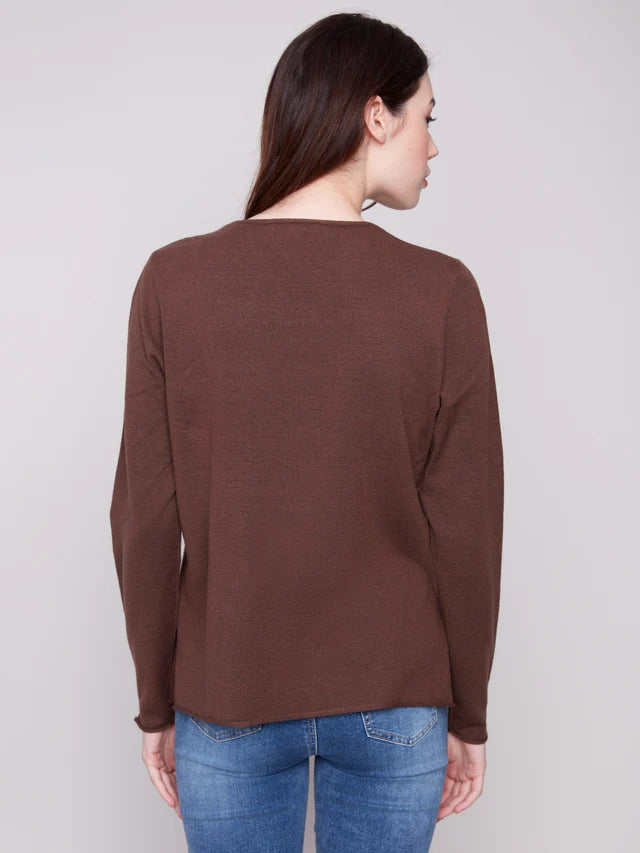 CHARLIE B LONG SLEEVE V-NECK SWEATER - MOCHA
