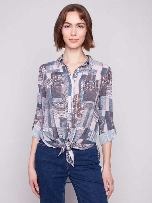 CHARLIE B BUTTON UP 2 WAY BLOUSE - PATCHWORK