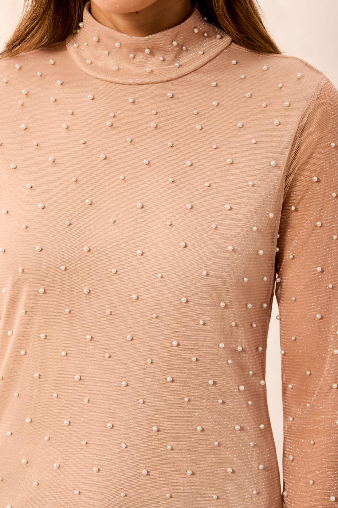 TRIBAL EMBELLISHED MOCK NECK TOP - PEARL