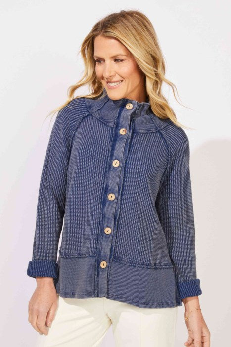 ESCAPE WAFFLE KNIT BUTTON FRONT TOP - MED WASH - Vi-Leen's Fashions