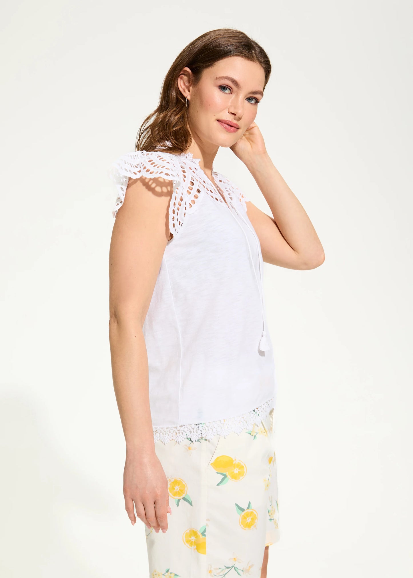 FDJ FLUTTER SLEEVE EYELET TOP - WHITE