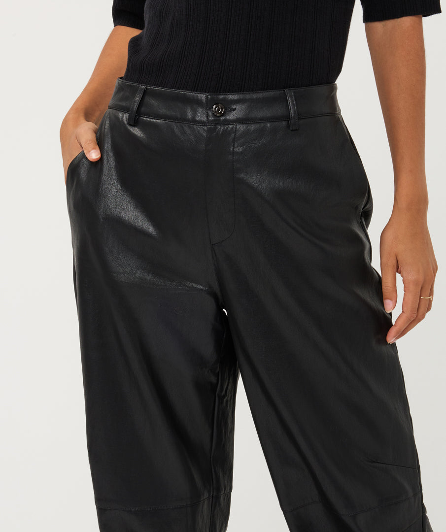 ESQUALO FAUX LEATHER BARREL WIDE TROUSER - BLACK - Vi-Leen's Fashions