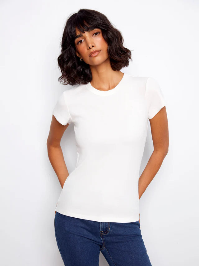 CHARLIE B TENCEL RIBBED CREW NECK T-SHIRT - WHITE - Vi-Leen's Fashions