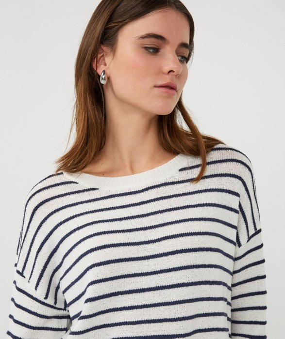 ESQUALO STRIPED SLUB SWEATER - OFF WHITE/NAVY - Vi-Leen's Fashions