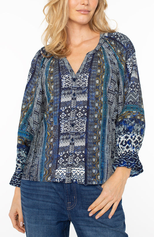 LIVERPOOL BUTTON FRONT WOVEN BLOUSE - MULTI BLUE
